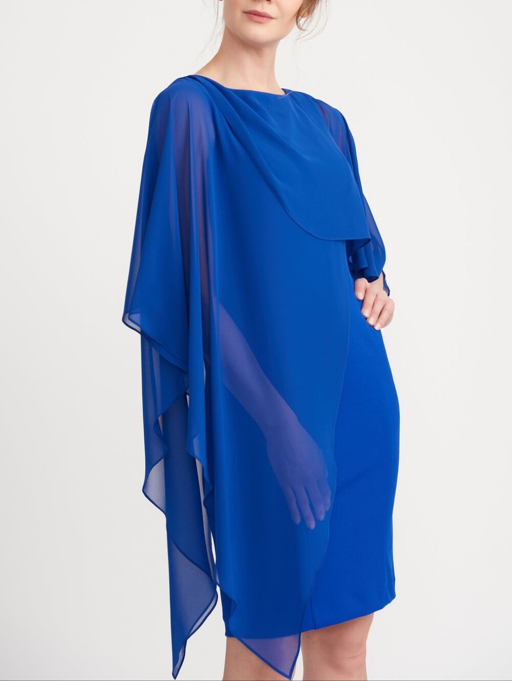 Joseph Ribkoff Sheer Overlay Dress In Royal Blue Cape Drape